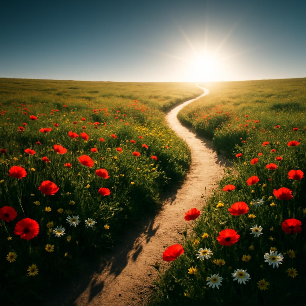 A dirt path through a field of wildflowers, with poppies and daisies leading to the sun.