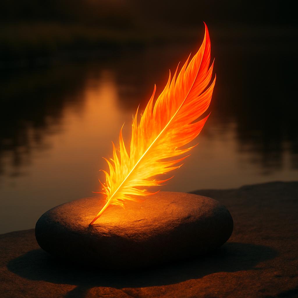 An illustration of an orange feather radiating light, perched atop a flat stone.